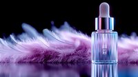 Luxury glass dropper bottle with pink feathers in neon lighting, cosmetic product photography on reflective surface with purple ambient glow and soft focus.