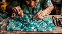 Senior Asian woman artisan sorting turquoise blue gemstones on wooden workbench, examining crystal quality with traditional craftsmanship techniques in jewelry workshop.
