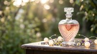 Heart-shaped crystal perfume bottle with romantic pink liquid on rustic wooden surface surrounded by fairy lights and dried flowers in soft bokeh.