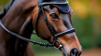 Close-up portrait of bay horse wearing decorative bridle with crystal browband against blurred natural background, showing gentle expression and soft eye.