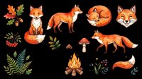 Watercolor fox illustrations with autumn leaves, mushrooms, and campfire elements isolated on transparent background. Ready for t-shirt designs, stickers, clipart, sublimation, and print-on-demand projects.