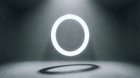 Glowing white neon circle ring floating above dark surface with shadow, modern minimalist design for tech, gaming, and digital projects.