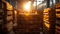 Stacked wooden lumber planks in industrial warehouse with warm sunlight streaming through windows creating atmospheric lighting for construction materials.