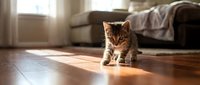 Young tabby kitten walking across wooden floor in sunlit living room with furniture and window in background.