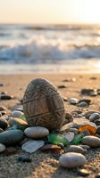 Carved wooden egg with intricate patterns sits among colorful sea glass and smooth pebbles on beach at golden hour sunset with soft ocean waves in background.