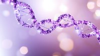Purple DNA double helix structure with sparkling effects and bokeh lights on gradient background for genetics research and biotechnology concepts.