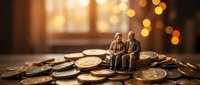 Miniature elderly couple sitting on pile of golden coins with warm bokeh lights background representing retirement savings and financial security planning.