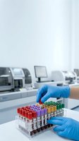 Lab technician in blue gloves sorting colorful blood sample tubes in a rack, modern clinical laboratory equipment in background.