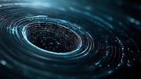 Digital vortex of binary code and glowing particles swirling in spiral motion against dark background, creating futuristic data visualization effect.