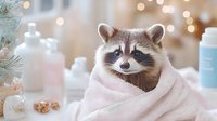 Adorable raccoon wrapped in soft pink towel after bath, surrounded by bathroom accessories and twinkling lights creating cozy atmosphere. Perfect for wellness content.