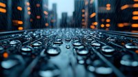 Water drops on dark surface with glowing orange lights and city silhouette in background creating futuristic urban atmosphere. Macro photography with selective focus.