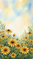 Watercolor yellow wildflowers blooming in meadow with soft pastel sky background for spring summer nature designs and botanical artwork projects.
