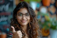 Young South Asian woman with curly hair and glasses showing thumbs up gesture while smiling. Positive facial expression against colorful blurred background.