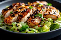 Grilled chicken breast slices with sesame seeds and fresh green lettuce in black bowl. Juicy meat glazed with teriyaki sauce, garnished with herbs.