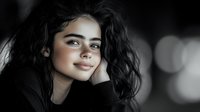 Young woman with dark curly hair and natural makeup smiling gently while resting head on hand against dark background with bokeh lights.