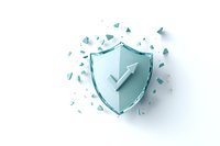 Broken shield with upward arrow symbol in light blue color against white background, representing growth and protection concept for business and security designs.