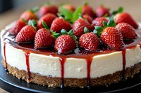 Fresh strawberry cheesecake with red berry sauce dripping down sides on chocolate cookie crust base, topped with ripe whole strawberries and mint leaves, macro food photo.