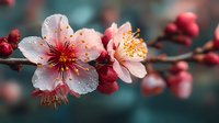 Delicate pink cherry blossoms with water droplets on branch, spring flowering tree blooms with soft bokeh background for nature and seasonal designs.
