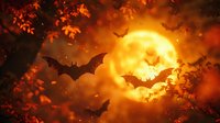 Flying bats silhouetted against bright full moon in orange night sky with autumn leaves, creating spooky Halloween atmosphere for seasonal designs.
