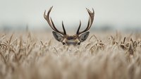 Majestic whitetail deer buck with antlers peeking through golden wheat field at dawn, creating mysterious and artistic wildlife composition in natural habitat.