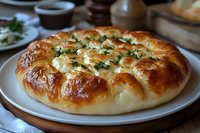 Golden baked garlic bread rolls with herbs on white plate, fresh homemade bakery food for dinner table setting and family meals.