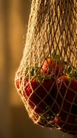 Fresh strawberries in eco-friendly mesh bag with warm golden lighting for sustainable shopping and zero waste lifestyle concepts.
