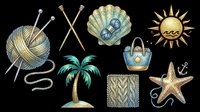 Knitting and beach clipart set with yarn ball, seashell, palm tree, starfish, sun, and tote bag, isolated on transparent background for stickers, t-shirt design, and print on demand.