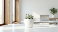 Small succulent plant in white ceramic pot on clean desk workspace with natural window light creating minimalist home office decor atmosphere.