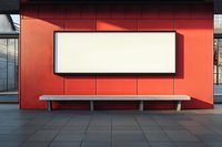 Empty white billboard on bright red wall with concrete bench, modern minimalist urban setting with clean lines and geometric shapes for advertising mockup.