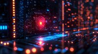 Futuristic digital technology concept with glowing circuit board and red target interface in dark environment with bokeh light effects.
