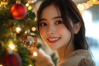 Young Asian woman with bright smile near decorated Christmas tree with ornaments and bokeh lights, wearing cozy sweater, celebrating winter holidays.