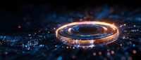 Glowing orange and blue circular technology ring with light trails and digital elements on dark background creates futuristic technological atmosphere.