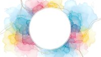 Watercolor circle frame with colorful paint splashes in pink blue yellow creating artistic border for text and design projects.