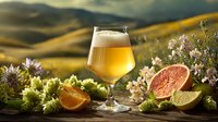 Glass of craft beer with citrus fruits and hops against scenic rolling hills landscape at sunset. Perfect for beverage marketing.