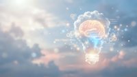 Glowing lightbulb with brain silhouette and digital network symbols floating among clouds, representing innovation, artificial intelligence, and creative thinking for technology concepts.