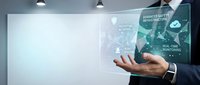 Advanced cybersecurity infrastructure interface displayed by professional in business suit, showcasing real-time monitoring, data protection, and network safety technology solutions.