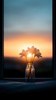 Delicate flowers in glass vase silhouetted against golden sunset sky through window, creating peaceful atmospheric mood with soft natural backlight.