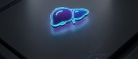 Glowing neon liver organ icon on dark surface for medical healthcare technology concepts and digital health applications.