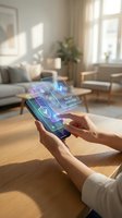Hands holding transparent tablet with holographic interface displaying security icons in modern living room interior with natural lighting.