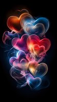 Glowing hearts made of colorful smoke and light effects on black background create romantic atmosphere for Valentine's Day designs and love themes.