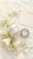 Elegant white lily flowers with baby's breath on vintage lace fabric with silver ring and candle creating romantic wedding flatlay composition.
