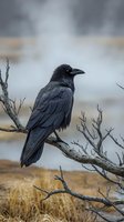 Black crow perched on bare branch in desolate landscape with overcast sky and dried vegetation, suitable for wildlife and nature editorial use.
