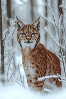 Majestic lynx with piercing blue eyes sitting among frost-covered branches in snowy winter forest, showcasing wild nature in cold environment.