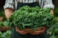 Fresh organic kale leaves in farmer hands wearing green apron, holding wicker basket. Local harvest of curly green superfood vegetable from garden.