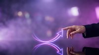 Businessman hand gesturing above glowing purple infinity symbol with upward arrow, representing growth, success, and strategic business development opportunities.