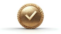 Golden metallic coin with checkmark symbol on white background, featuring decorative rope edge pattern. Isolated design element for finance and success concepts.