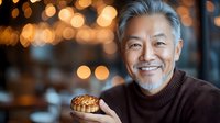 Smiling mature Asian man in brown sweater holding decorated cupcake with warm bokeh lights background for celebration and dessert concepts.