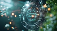 Futuristic holographic circular interface with glowing elements against blurred bokeh background and foliage, showcasing advanced technology visualization.