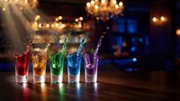 Colorful cocktail shots with splashing liquid in row of glasses on bar counter in elegant restaurant with warm bokeh lighting background.