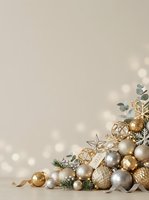 Festive holiday ornaments in gold, silver, and champagne tones arranged with eucalyptus greenery and ribbon on neutral background. Suitable for seasonal greeting cards, holiday marketing materials, and festive design projects.